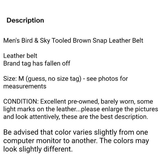 Men's Bird & Sky Tooled Brown Snap Leather Belt  Size M  Buckle not included - Picture 9 of 9